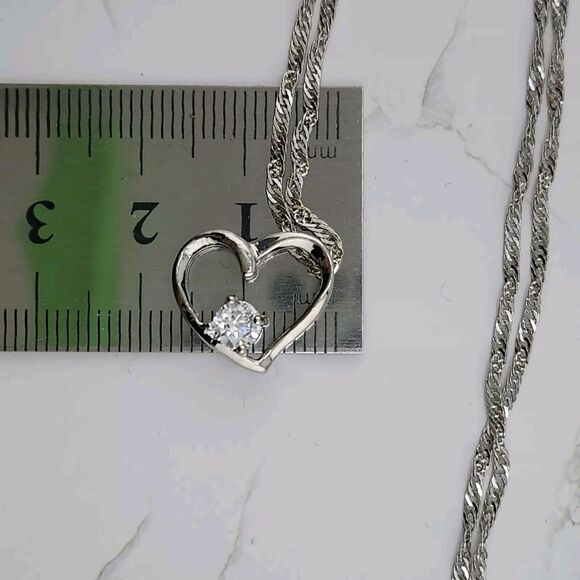 Sterling Silver Plated CZ Heart Pendant, Sterling Silver Chain Necklace 18" - Picture 4 of 7